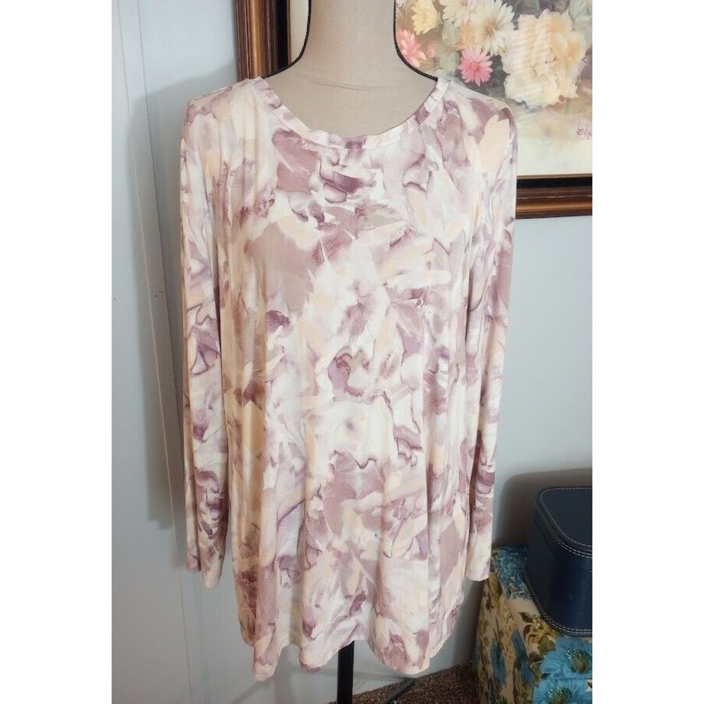LOGO By Lori Goldstein Floral Tunic Top Blouse Purple Beige Large Long Sleeve